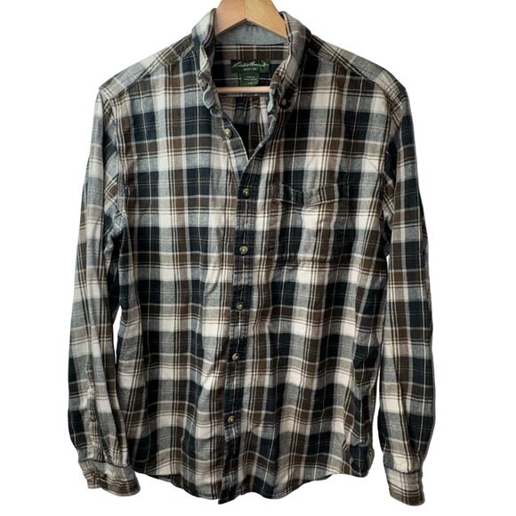 Eddie Bauer Brown Cream Navy Plaid Button Down Shirt Men’s Large - Picture 1 of 4